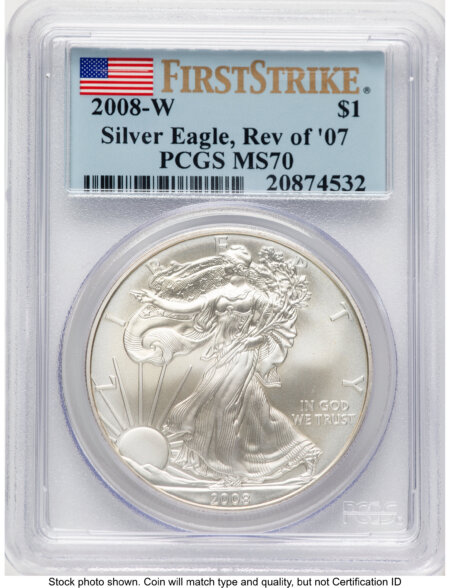 2008-W Reverse of 2007 Burnished Silver Eagle 1 oz FS Flag 70 PCGS