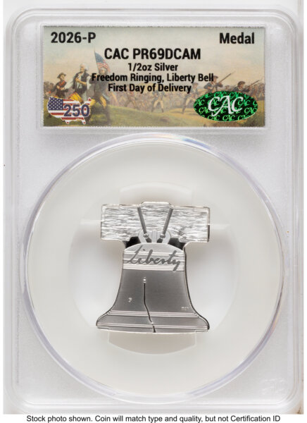 2026-P Freedom Ringing Liberty Bell 1/2 oz Silver Medal First Day of Delivery America 250 69 CACG