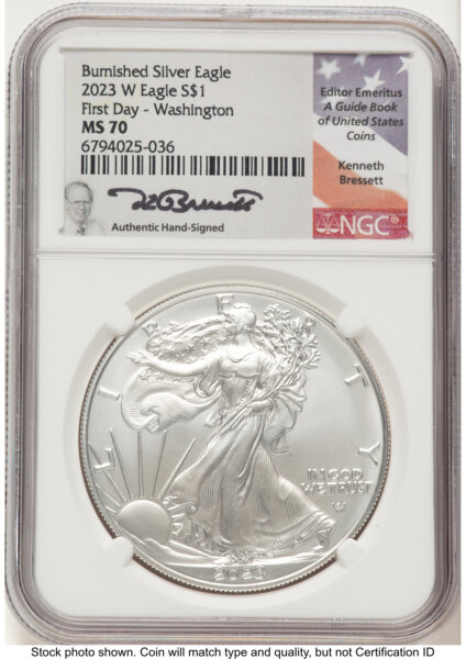 2023-W Burnished Silver Eagle 1 oz FDI Kenneth Bressett Portrait Washington DC 70 NGC