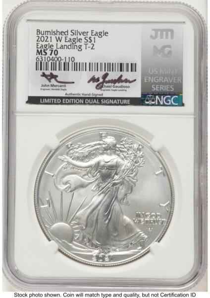 2021-W TY2 Burnished Silver Eagle 1 oz John Mercanti/Michael Gaudioso US Mint Engraver Series 70 NGC