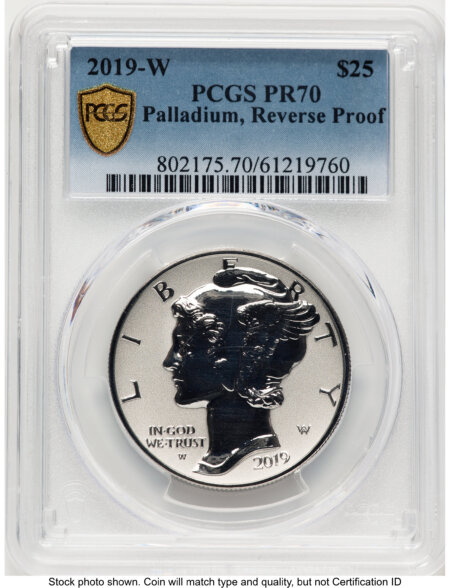 2019-W Palladium Eagle 1 oz, REV PR Blue Gradient 70 PCGS