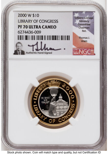 2000-W $10 Library of Congress Bi-Metallic Gold 0.2509 oz and Platinum 0.2509 oz, PR Thomas Uram 70 NGC
