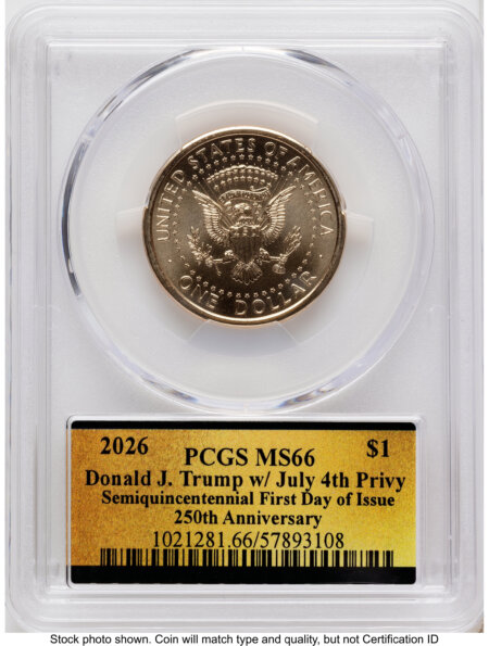 2026 Semiquincentennial President Donald J. Trump $1 (Privy Mark) FDI America 250 Label 66 PCGS