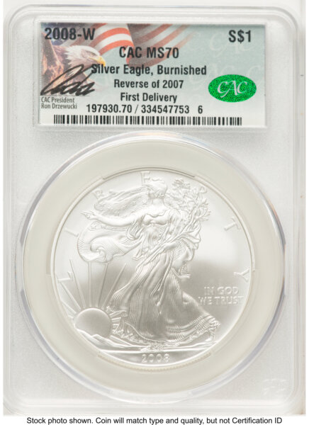 2008-W Reverse of 2007 Burnished Silver Eagle 1 oz First Delivery Ron Drzewuki 70 CACG