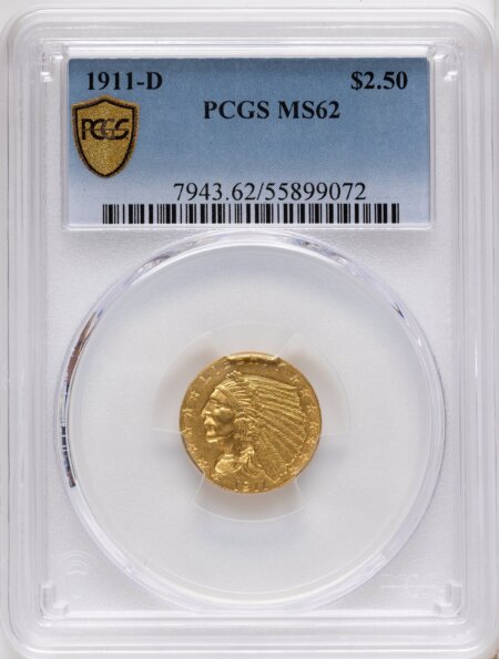 1911-D $2 1/2 PCGS Secure 62 PCGS