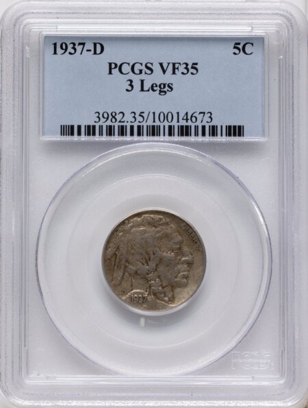 1937-D 5C Three-Legged, MS 35 PCGS