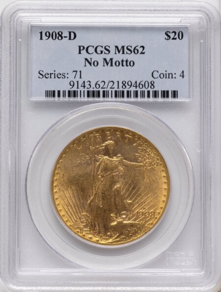 1908-D $20 NO MOTTO 62 PCGS
