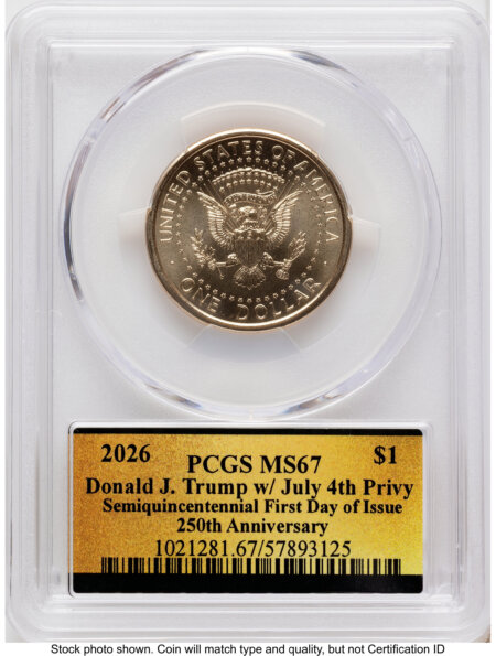2026 Semiquincentennial President Donald J. Trump $1 (Privy Mark) FDI America 250 Label 67 PCGS