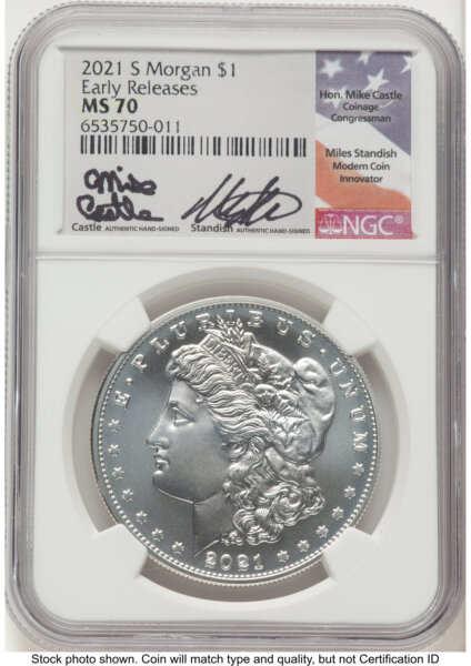 2021-S S$1 Morgan Dollar, MS ER Mike Castle/Miles Standish 70 NGC