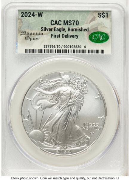 2024-W Burnished Silver Eagle 1 oz First Delivery Magnum Opus 70 CACG