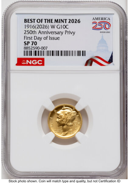 2026-W Best of the Mint 1916 Mercury Dime Gold 1/10 oz FDI America 250 Congress Building Label 70 NGC