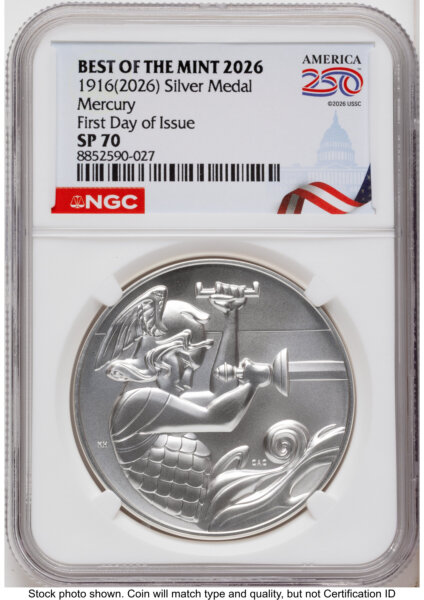 2026 Best of the Mint 1916 Mercury Silver Medal 1 oz FDI America 250 Congress Building Label 70 NGC
