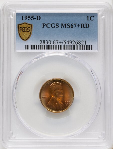 1955-D 1C, RD PCGS Secure PCGS Plus 67 PCGS