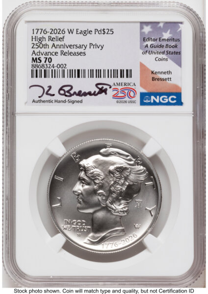 2026-W Palladium Eagle 1 oz, Uncirculated AR Kenneth Bressett America 250  70 NGC