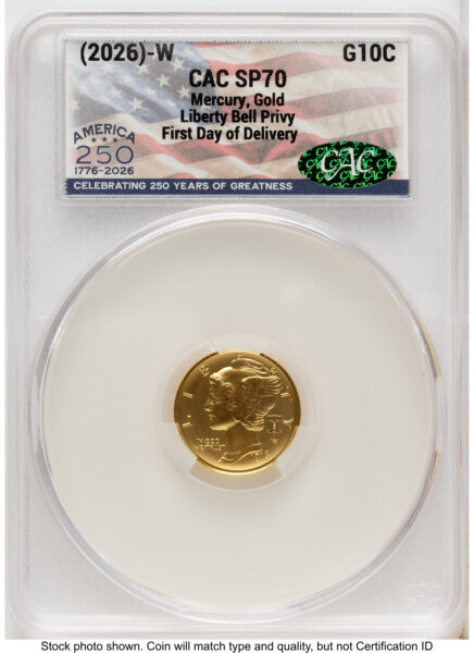 2026-W Best of the Mint 1916 Mercury Dime Gold 1/10 oz First Day of Delivery America 250 Flag Label 70 CACG