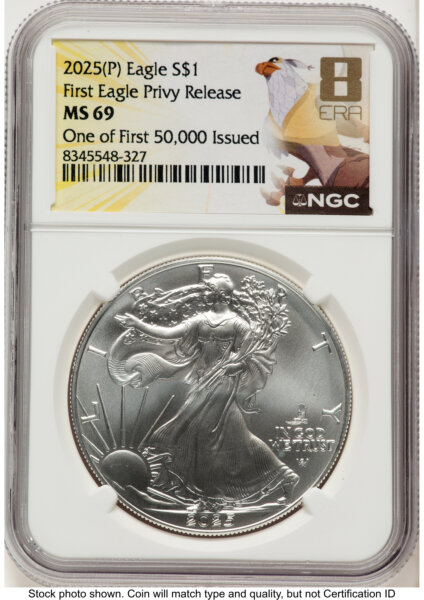 2025-(P) Silver Eagle (Privy Mark) First 50,000 8 Era Label 69 NGC