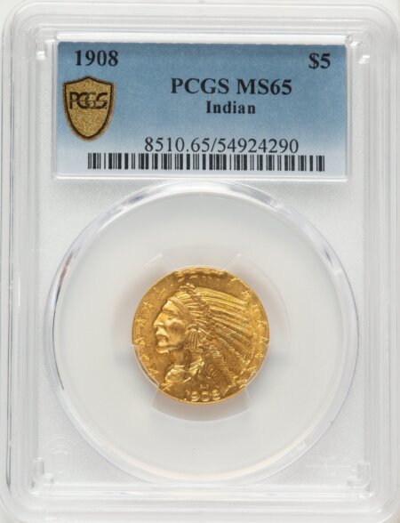 1908 $5 Indian, MS PCGS Secure 65 PCGS