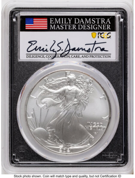 2021 Silver Eagle Type 2 First Production Emily Damstra Blk Frame 70 PCGS