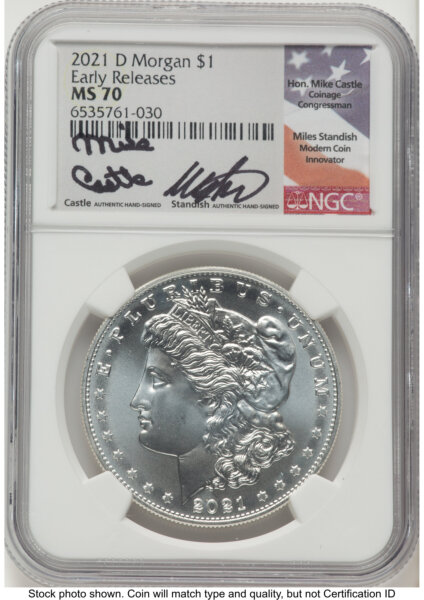 2021-D S$1 Morgan Dollar, MS ER Mike Castle/Miles Standish 70 NGC