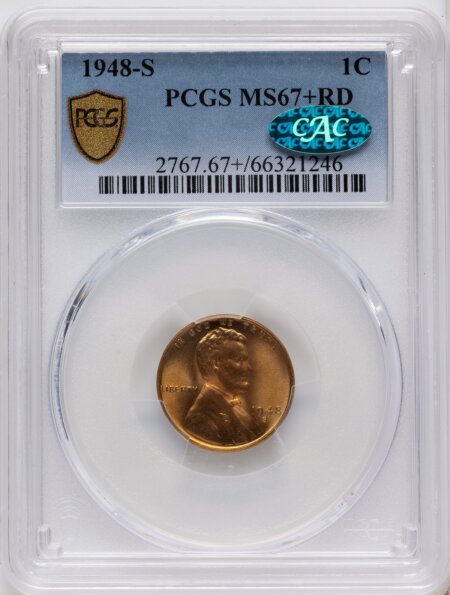 1948-S 1C, RD CAC PCGS Secure PCGS Plus 67 PCGS