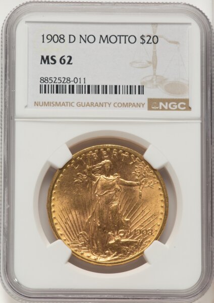 1908-D $20 NO MOTTO 62 NGC