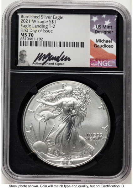2021-W TY2 Burnished Silver Eagle 1 oz FDI Michael Gaudioso Blk Core 70 NGC