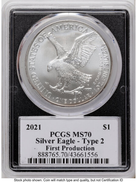 2021 Silver Eagle Type 2 First Production Emily Damstra Blk Frame 70 PCGS