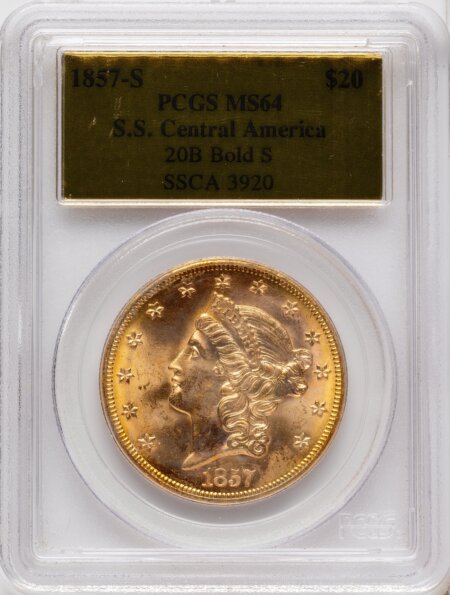 1857-S $20 Bold S 64 PCGS