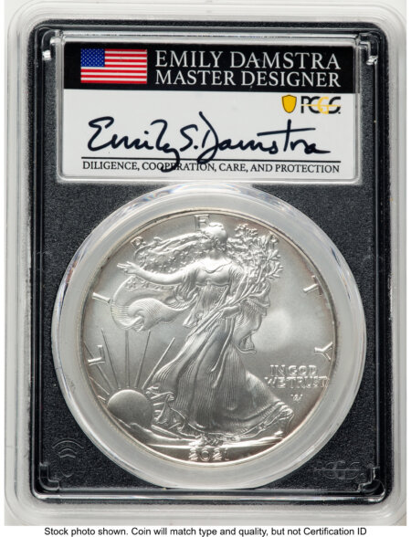 2021-W TY2 Burnished Silver Eagle 1 oz FDI Emily Damstra Blk Frame 70 PCGS