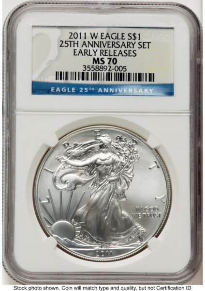 2011-W Burnished Silver Eagle 1 oz ER 25th Anniversary Label 70 NGC