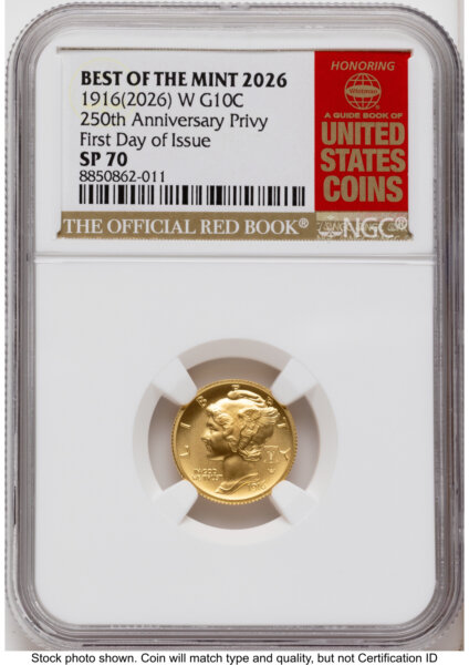2026-W Best of the Mint 1916 Mercury Dime Gold 1/10 oz FDI Red Book 70 NGC
