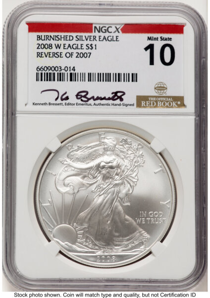 2008-W Reverse of 2007 Burnished Silver Eagle 1 oz Kenneth Bressett Red Book X-Label 10 NGCX