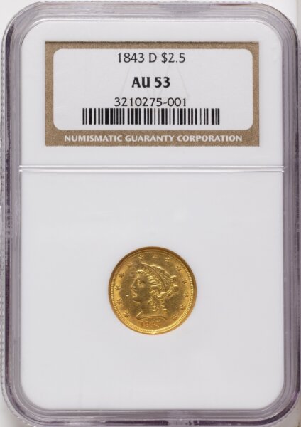 1843-D $2 1/2 Small D, MS 53 NGC