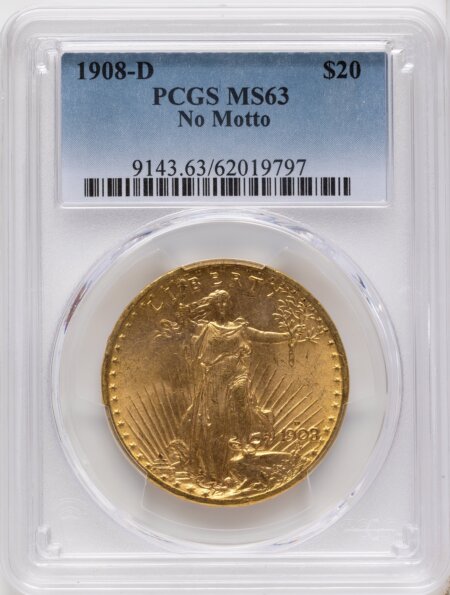 1908-D $20 NO MOTTO 63 PCGS