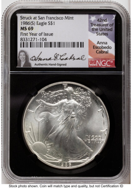 1986-(S) Silver Eagle Anna Cabral First Year of Issue Blk Core 69 NGC