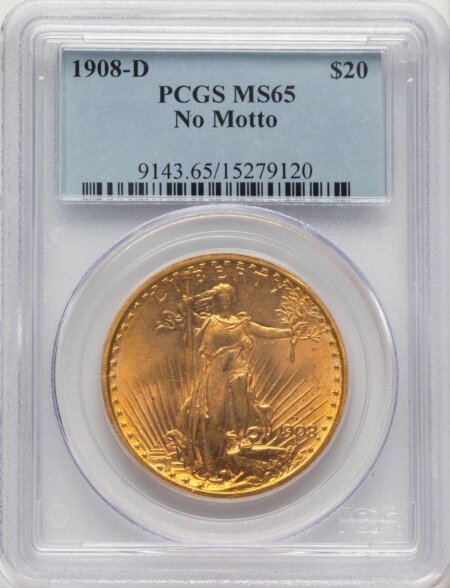 1908-D $20 NO MOTTO 65 PCGS