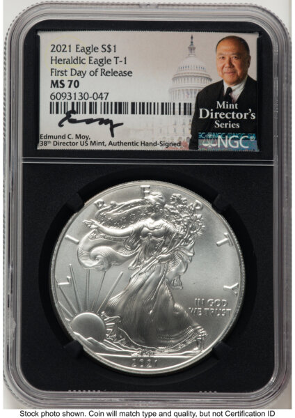 2021 Silver Eagle Type 1 FDR Ed Moy Mint Director's Series Blk Core 70 NGC