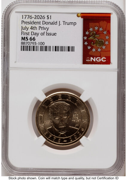 2026 Semiquincentennial President Donald J. Trump $1 (Privy Mark) FDI 250th Red Bell Banner Label 66 NGC