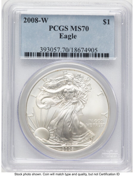 2008-W Burnished Silver Eagle 1 oz Blue Label 70 PCGS