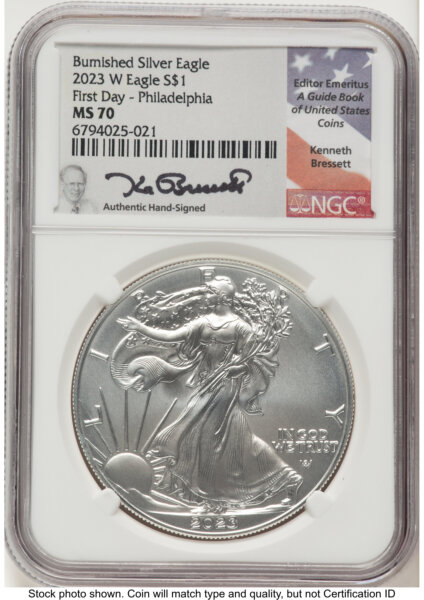 2023-W Burnished Silver Eagle 1 oz FDI Kenneth Bressett Portrait Philadelphia 70 NGC