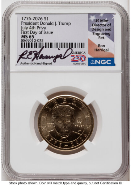 2026 Semiquincentennial President Donald J. Trump $1 (Privy Mark) FDI Ron Harrigal America 250 65 NGC