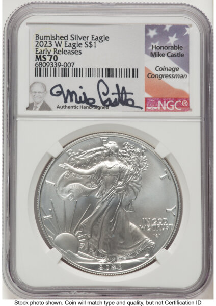 2023-W Burnished Silver Eagle 1 oz ER Mike Castle 70 NGC