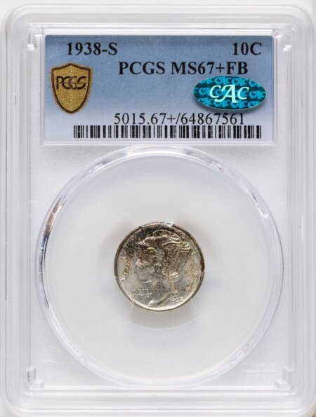 1938-S 10C, FB CAC PCGS Secure PCGS Plus 67 PCGS