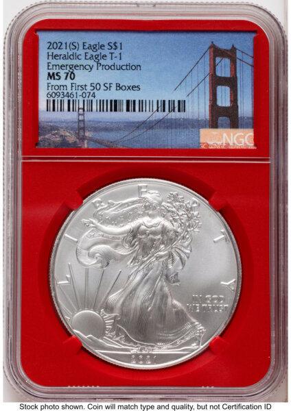 2021-(S) Silver Eagle Type 1 Emergency Production San Francisco Bridge Label From First 50 SF Boxes Red Core 70 NGC