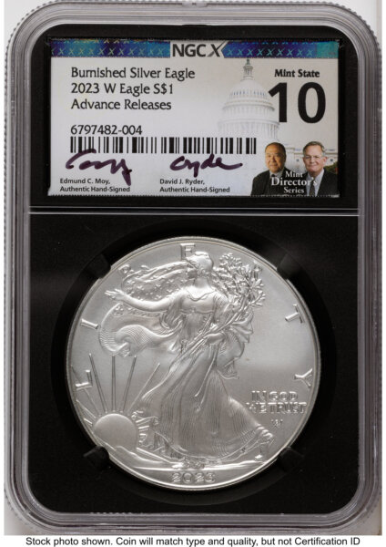 2023-W Burnished Silver Eagle 1 oz AR Ed Moy/David J Ryder Mint Director's Series Blk Core 10 NGCX