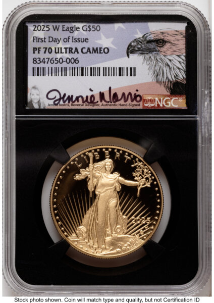 2025-W Proof Gold Eagle 1 oz FDI Jennie Norris Eagle Flag Blk Core 70 NGC