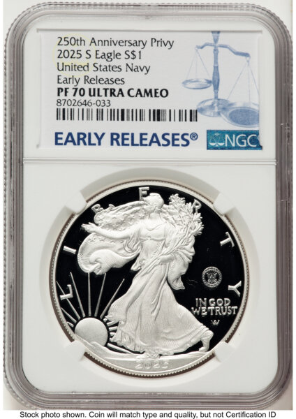 2025-S Proof Silver Eagle Privy U.S. Navy 250th Anniversary 1 oz ER Blue 70 NGC