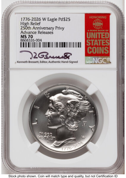 2026-W Palladium Eagle 1 oz, Uncirculated AR Kenneth Bressett Red Book 70 NGC