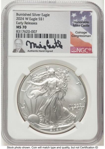 2024-W Burnished Silver Eagle 1 oz ER Mike Castle 70 NGC