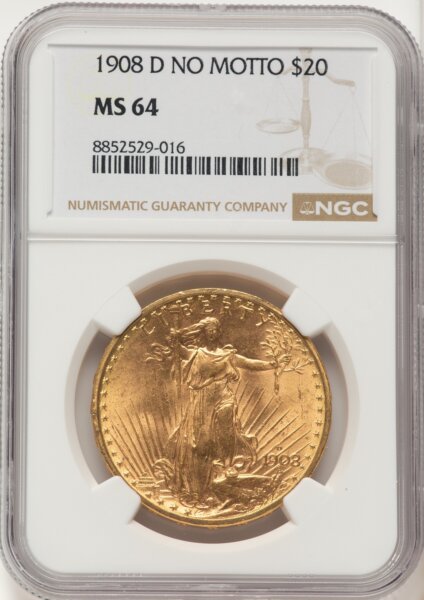 1908-D $20 NO MOTTO 64 NGC